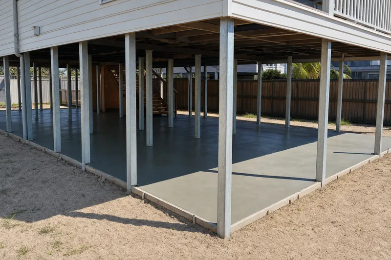 Freshly poured concrete slab beneath a raised low-set coastal house with galvanised steel stumps clear at the perimeter, illustrative example