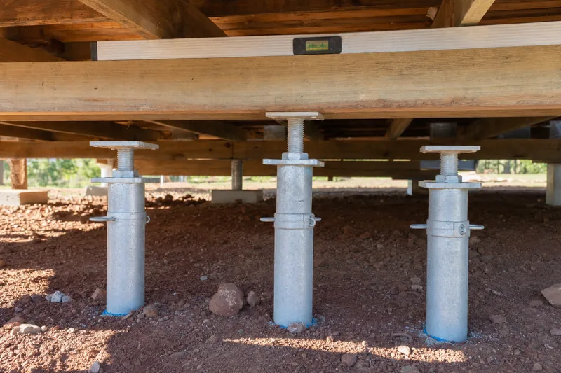 Adjustable steel stumps under a timber floor frame, one wound higher than its neighbours with a spirit level across the bearer, illustrative example