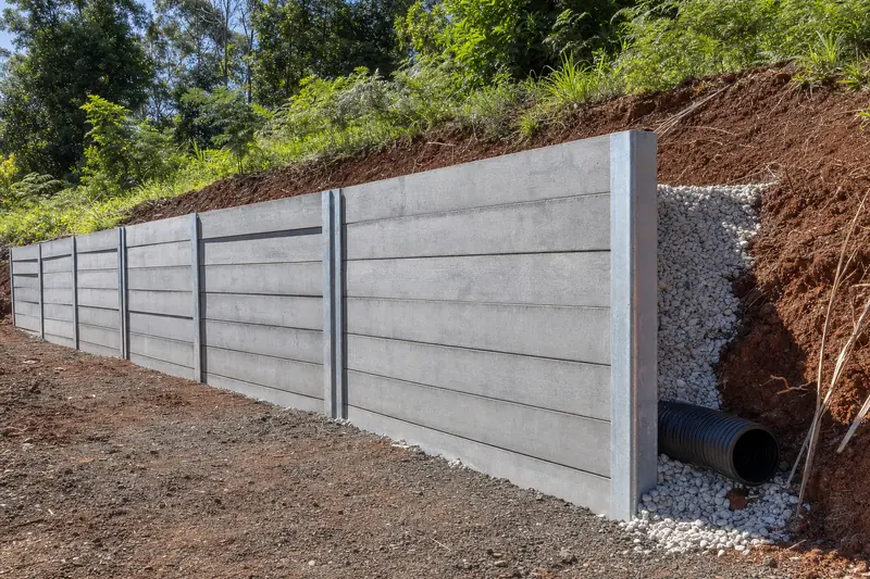 Concrete sleeper retaining wall in galvanised steel channel posts with drainage pipe and gravel backfill visible behind the base, illustrative example