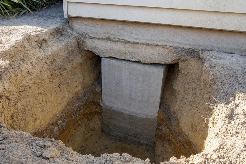 Excavated pit beside a shallow concrete footing with a deeper underpinning block formed beneath it, illustrative example