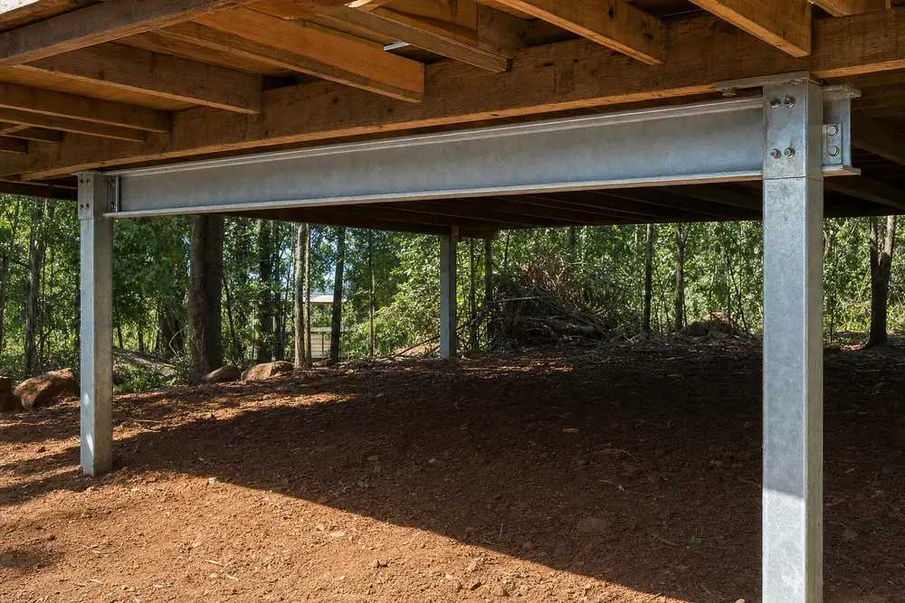 Galvanised steel universal beam spanning between two steel posts beneath a raised timber floor, illustrative example